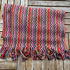 MISSONI Chevron Zig Zag Scarf Wool Acrylic Rectangle Fringe 74” X 19” Red Italy